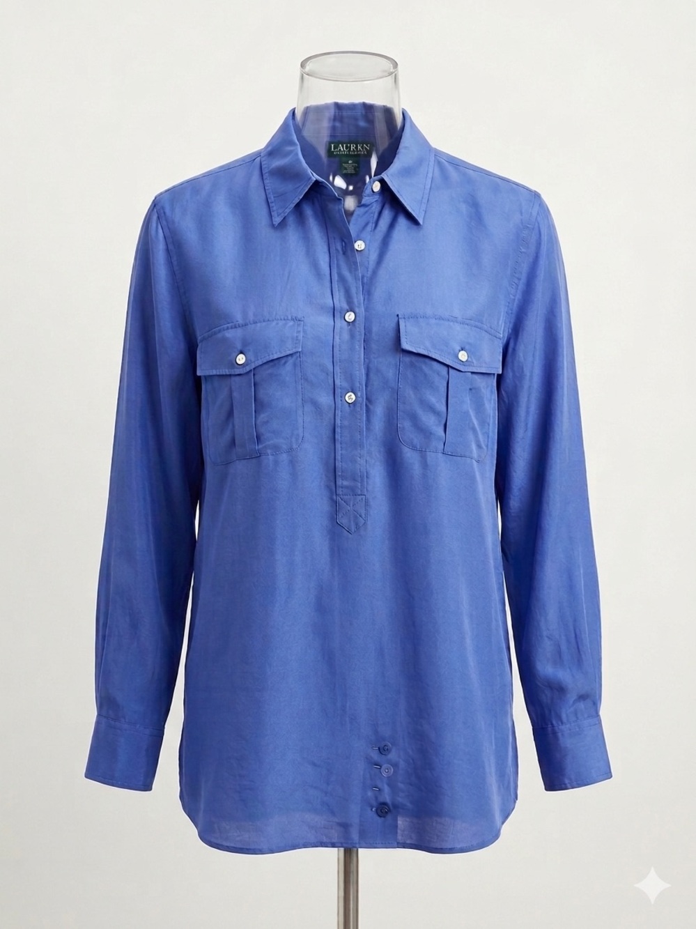 Lauren Ralph Lauren silk/cotton blend tunic button down. Blue. Plus size.